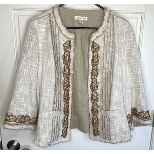 Coldwater Creek Women's Beaded Open Jacket Size 14 Cotton Linen Blazer Coastal